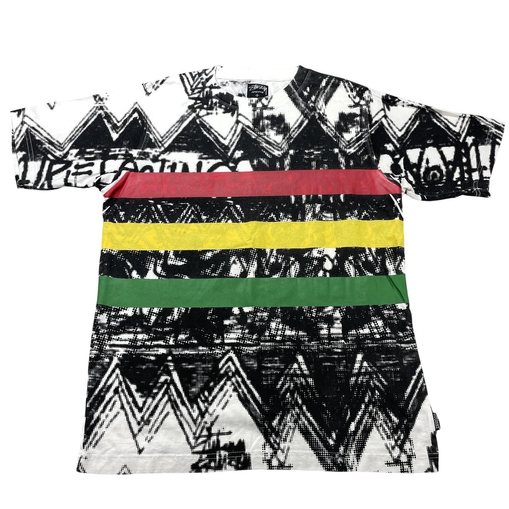 Stussy Shirt Mens Small Multicolor Rasta Stripe All‎ Over Print Tee Reggae VTG